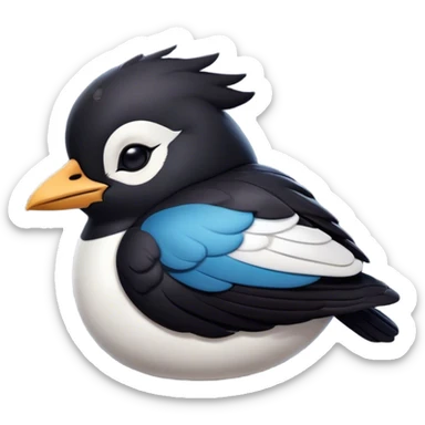 Meme-Worthy Cute Sleeping Magpie Portrait Emoji, Head resting peacefully with a contented smile, showcasing a sleek, elegant form with eyes gently closed in serene slumber and glossy, contrasting plumage, Simplified yet adorably endearing features, highly detailed, glowing with a soft, drowsy urban light, high shine, relaxed and utterly lovable, stylized with an air of playful laziness, soft glowing outline, capturing the essence of a sleeping magpie that feels destined to become the next viral icon of adorable rest! sticker