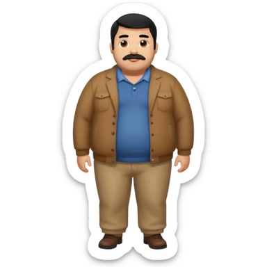 Fat brown man. Clothed. Full body. Black hair. Small beard and mustache. Black hair sticker