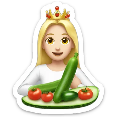 blonde girl  eating  cucumber and tomatoes with white hoodie iridescent and a crown princess sticker