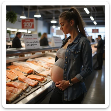 realistic pregnant woman in 4K moving away from the salmon counter after reading the informational sign in a fish market with the text: “Attenzione, il consumo di salmone crudo può comportare rischi in gravidanza”. sticker