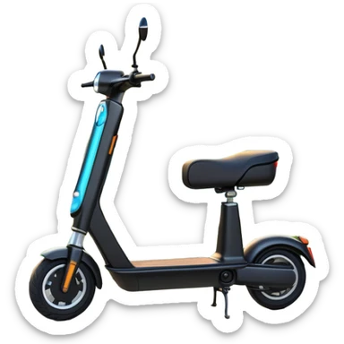 An icon featuring a sleek electric scooter parked on a scenic path. The background showcases a vibrant city park with green trees, flowers, and a clear blue sky. The sun sets in the distance, casting a warm golden glow on the landscape. Transparent background sticker
