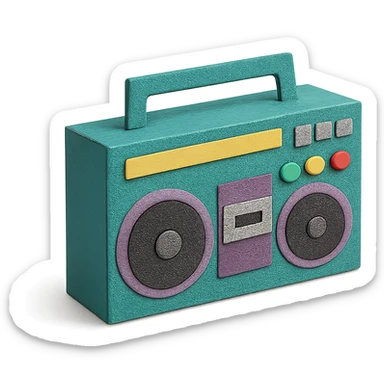angled view of a paper-craft style boombox with extra details like buttons and speakers sticker