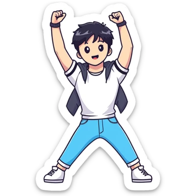 Black-haired male idol with arms up in the air, energetic performance pose, K-pop style sticker