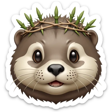 really cute confused otter face with simple thorny stem wrapped horizontally around its forehead like Jesus Christ's Crown of thorns, no crown shape on top, just thin spiky branches circling the forehead sticker