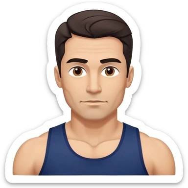 Athletic 40-year-old man with light brown skin, elongated face, strong jawline. Confident expression with medium dark eyes, arched eyebrows. Wavy dark hair in modern cut. Wearing a navy blue tank top showing fit physique. sticker