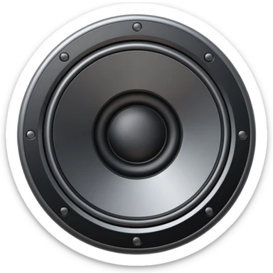 Minimal emoji icon of a modern metallic speaker, front view, detailed geometry, dark metallic body, subtle highlights, isolated sticker