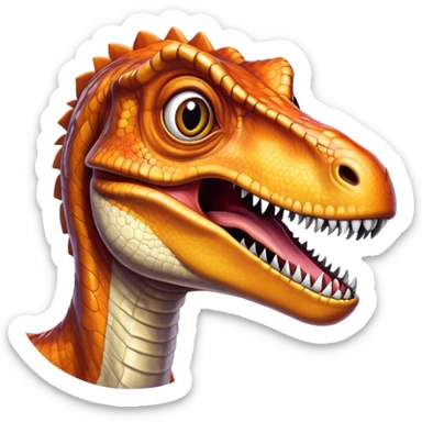 Cinematic Realistic Comical velociraptor/T-rex Portrait Emoji, Head tilted dramatically with an exaggeratedly amused expression, featuring a striking, glossy scaled body with bold natural textures and wide, expressive eyes brimming with playful disbelief, rendered with lifelike detail and dynamic natural lighting, high shine, dramatic yet playful, styled with an air of cheeky prehistoric mischief, soft glowing outline, capturing the essence of a spirited and over‐the‐top velociraptor/T-rex that looks ready to bellow its way into viral fame! sticker