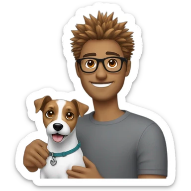 Man with spiky hair eñwith glasses with jack russell terrier dog sticker