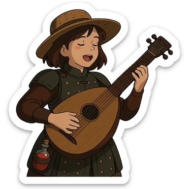 A female bard wearing brigandine armor with a sturdy straw hat, playing a fat lute and singing, night time shadows  , tool belt with red potion and bandages  sticker