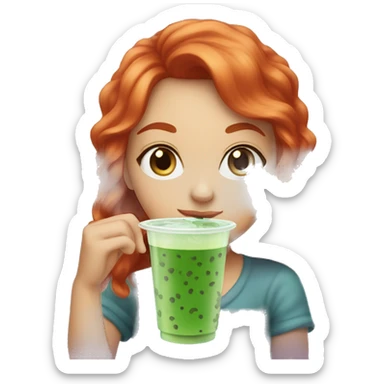red haired girl with green eyes drinks bubble tea sticker