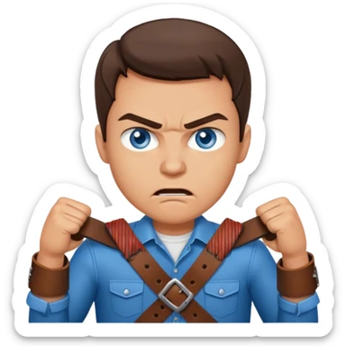 A brunette man with blue eyes, holding a belt in his hand and his expressions look angry sticker
