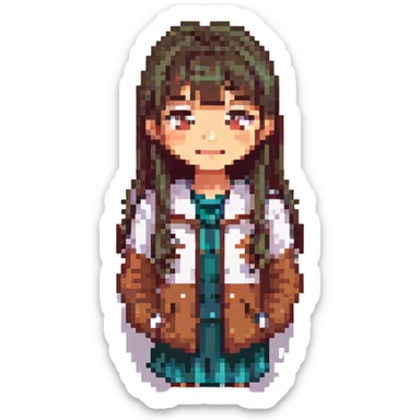 Pixel art Asian girl, college student style clothing, thin bangs, long hair, round eyes, no double eyelids, humorous expression sticker