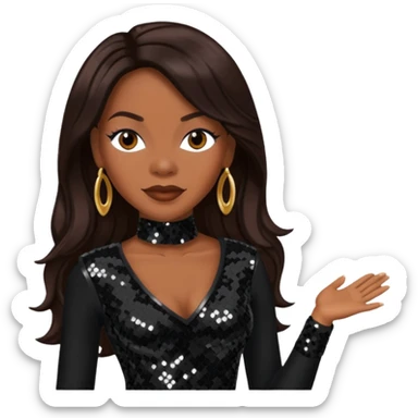 Dawn Robinson from En Vogue with long dark brown hair, black sequin outfit sticker