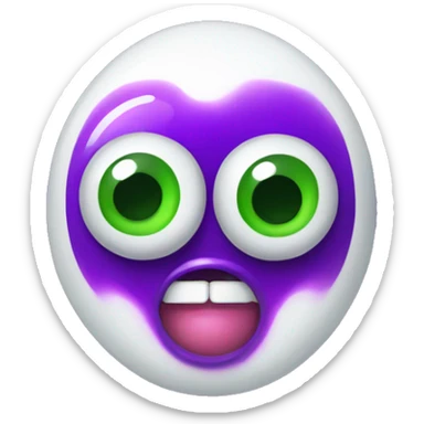 Pill capsule that is half green half purple with crazy eyes and frothing mouth sticker