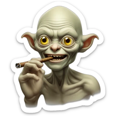 lord of the ring's gollum smoking a cigar smiling sticker