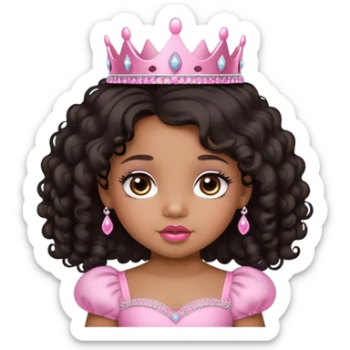 princess, medium brown skin tone, very adorable toddler, with big plump lips, long long lashes, black curly long hair, brown eyes, pink tiara sticker