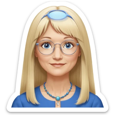 50 yr old white woman, hippie parted very long hair, short bangs, very long straight blond hair, oval face, small smile, blue eyes, thin face, hair downback, hair parted at center of head, round cheeks, pale, longer hair, business dress, long hair, big glasses sticker