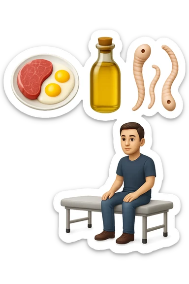 emoji stile iphone di UN PIATTO CON CARNE ROSSA E UOVA, UNA BOTTIGLIA DI OLIO DI SEMI, DUE PARASSITI TIPO LA TENIA, UOMO SEDUTO SU UN LETTINO DA FISIOTERAPISTA, IPERREALISTICO 4K sticker