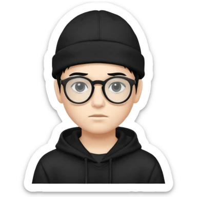 teenage boy (black hair, white skin, black eyes) wearing black glasses (nerd) and hide all his hair under a cap. wearing normal hoodie sticker