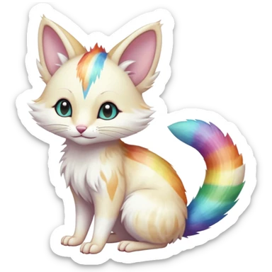  cute adorable white albino fur with random colorful iridescent rainbow markings beautiful elegant pretty precious cute  Fakémon-Pokémon-alien-opossum-feline-serval-caracal-chinchilla-Minccino-hybrid-creature with a big fluffy bushy striped tail (full body) sticker