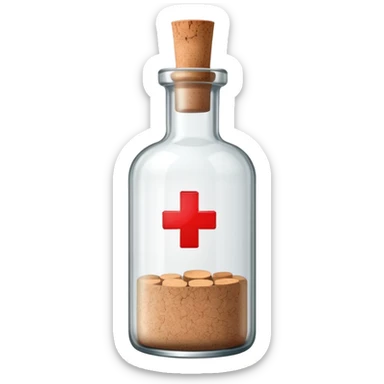 A glass medicine bottle with a cork top and red cross label sticker