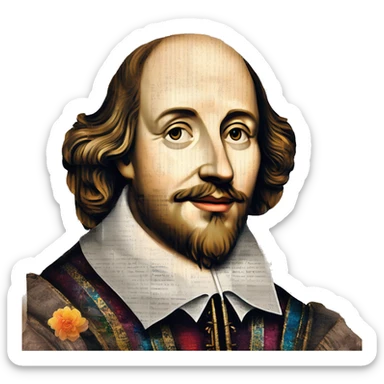 Shakespeare made of newspaper cuttings wearing flowers, stained glass, fairy lights, bokeh, annotated sketch, handwritten letters, collage of intricate patterns, lantern, bokeh, blur sticker