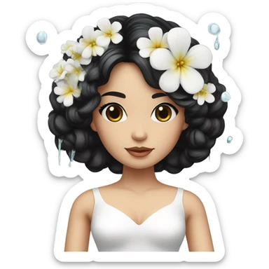 Pretty young Lady doll posing with black hair flowers in hair white dress surrounded by flowing water sticker