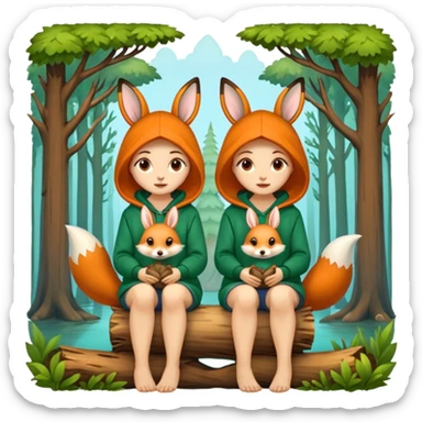 two forest women with cute fox and rabbit hoodies sitting together on log sticker