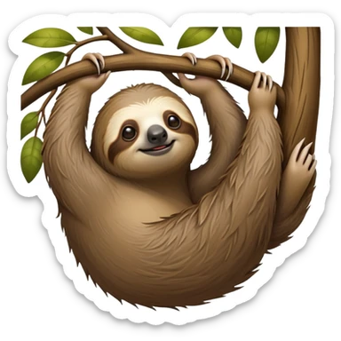 cinematic-sloth-realistic-full-body-hanging-emoji,-long-curved-claws-clinging-to-a-tree,-thick-shaggy-brown-fur-slightly-ruffled,-head-tilted-dramatically,-slow-blinking-eyes-filled-with-serene-wisdom,-simplified-yet-realistic-focused-features,-highly-detailed,-glowing-with-an-almost-sarcastic-glow sticker