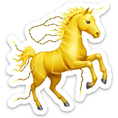 A yellow horse made entirely of crackling electricity, with visible yellow wires, lightning bolts shooting off its body, and a dynamic galloping pose. sticker