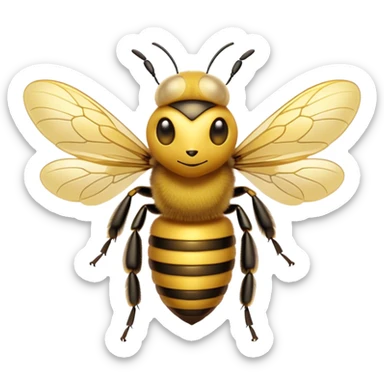 Cinematic Noble Bee Portrait Emoji, Poised and industrious, with a compact, fuzzy body in golden-yellow hues, delicate translucent wings, and a gentle, determined expression with focused eyes, Simplified yet sharp and sophisticated features, highly detailed, glowing with a soft, sunny radiance, high shine, intelligent and diligent, stylized with an air of natural elegance, focused and alert, soft glowing outline, capturing the essence of a watchful and confident bee that appears ready to buzz out of the screen with effortless authority! sticker