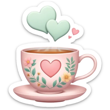 Cute Kawaii Tea Cup, steaming with warmth, soft pastel tones, delicate floral patterns, a tiny heart-shaped tea bag tag, cozy and inviting! sticker