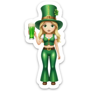 Blonde haired girl in glittery green bell bottoms and tall leprechaun hat holding a green beer sticker