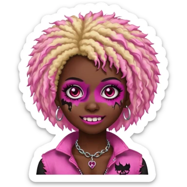 girl, zombie,pink and blonde afro, medium long, emo, shaggy, dark, spooky,double eyebrow dermal piercing, cute illuminous smile sticker