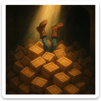 A pile of small oblong crates hidden in a dark area with a beam of light shining from above, with someone’s boots sticking out like they dove in sticker