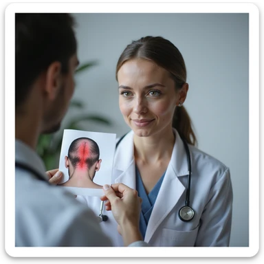 hyperrealistic 4K image of a woman with PCOS in a clinic, doctor showing her a photo of her scalp with hair loss areas highlighted in red, detailed sticker