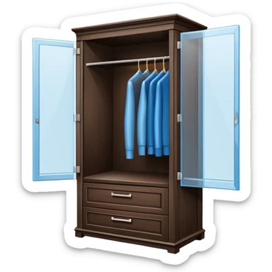Icon for Furniture Design: a blueprint of a wardrobe without clothing inside, featuring a 3D installation with dimensions and a ruler or measuring tape. The icon should represent the detailed design and measurement process in furniture creation. Transparent background. sticker