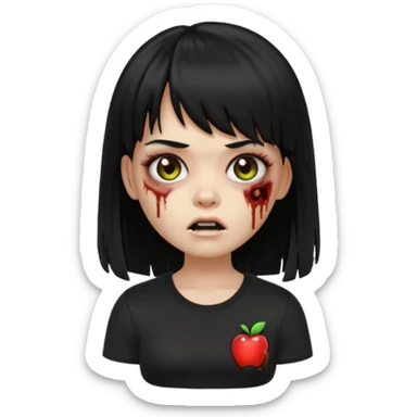 uma garota zumbi no formato Memoji da apple com o cabelo cumprido, preto liso e com franja, blusa preta sticker