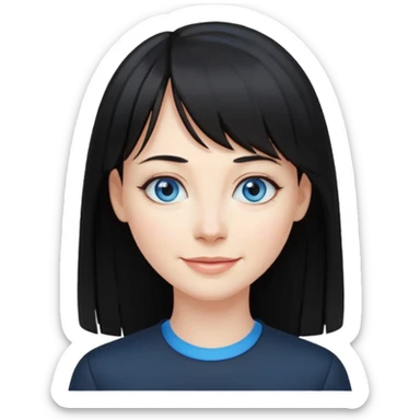 40 yr old woman long straight black hair, pale skin, blue eyes, black clothes, small smile, bangs sticker