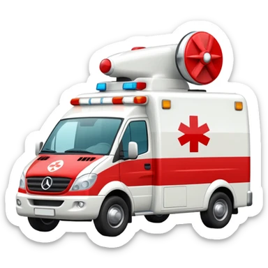 A modern white-and-red ambulance van with flashing rooftop siren.
 sticker