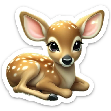 baby deer with delicate angel wings resting peacefully in a lush green magical meadow scene is soft glow with rays of sunlight filtering through the trees dreamy atmosphere sticker