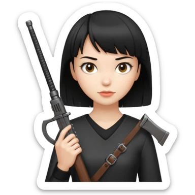 Hace un emoji de una chica de pelo corto negro y fleco finito , con un arma  sticker