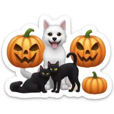 Completely Black cat next to two white dogs next to Halloween pumpkin sticker