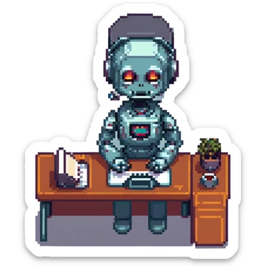cute recruiter robot at a desk, headset on, typing on a laptop, 8-bit pixel art style sticker