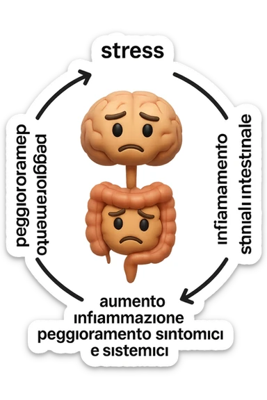 EMOJI STILE IPHONE 3D DI un cerchio con queste scritte che girano intorno "stress → peggioramento intestinale → aumento infiammazione → peggioramento sintomi intestinali e sistemici." al centro del cerchio metti un cervello e intestino umani collegati verticalmente con espressione dubbiosa in volto, FALLO MOLTO REALISTICO IN 3D sticker