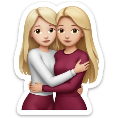two girls who hug eachother. one has long dark blonde hair with blonde highlights and very pale skin , other has medium skintone and blush and medium blonde hair. girl with long dark blonde hair is wearing a white outfit and girl with blonde hair is wearing a burgundy outfit sticker