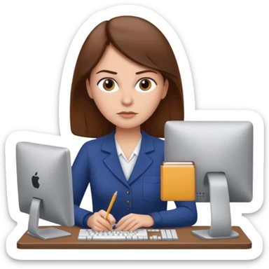 Uma mulher de cabelo castanho que é professora e um pouco brava a trabalhar no computador sem usar óculos sticker