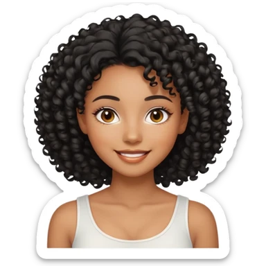 a young woman.She has voluminous, curly black hair that frames her face beautifully. Her skin tone is black light and glowing, and she has a subtle, natural makeup look. She’s smiling softly at the camera. She is wearing a white top sticker