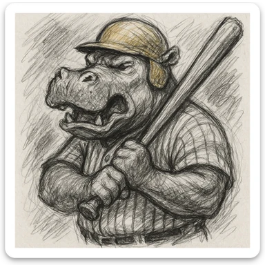hippo holding a baseball bat, wearing a yellow helmet, pinstripes outfit sticker