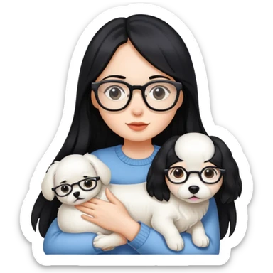 A girl with long black hair and glasses holding a white dog sticker